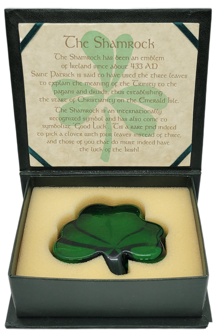 Green glass shamrock in original box with foam insert and shamrock information card