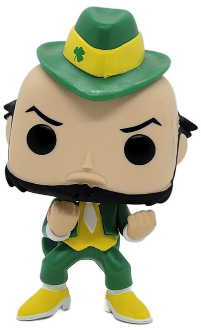 Funko Pop! College Notre Dame Leprechaun #07 Vinyl Figure – Out of Box, close-up of the collectible figure wearing a green hat with a yellow shamrock band, green suit, and yellow shoes, posed with clenched fists.