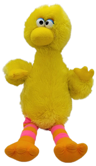 Front view of vintage Applause Sesame Street Big Bird plush with yellow fur and striped legs