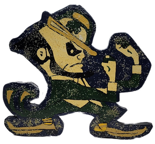 Draben's Toyland Notre Dame Fighting Irish Leprechaun Wooden Cutout – 12" Glitter Decor, glitter-covered wooden leprechaun cutout in a green and navy Notre Dame outfit on a white background.