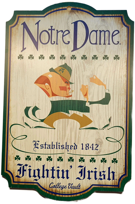 WinCraft Notre Dame Fighting Irish College Vault 11 x 17 hardboard sign with throwback leprechaun and shamrocks.
