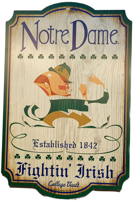 WinCraft Notre Dame Fighting Irish College Vault Wood Sign – 11" x 17", vintage-style wooden wall sign featuring a leprechaun mascot, Notre Dame lettering, shamrocks, and “Established 1842” in navy, green, and gold.