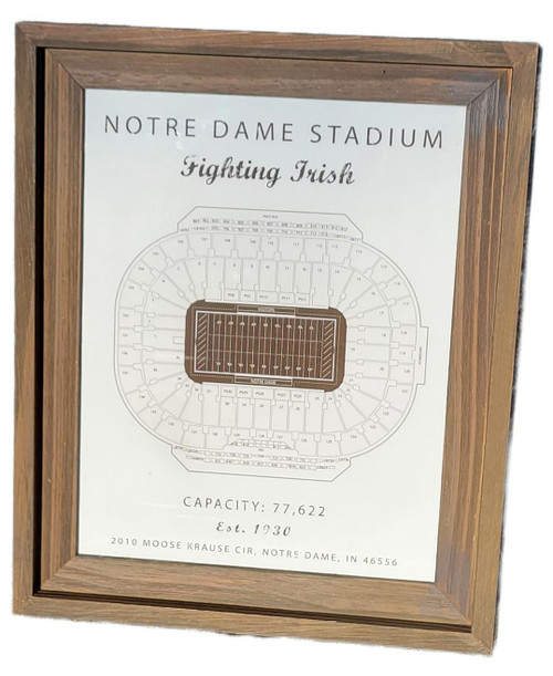 University of Notre Dame Notre Dame Fighting Irish Stadium Seating Chart Framed Print – 14" x 17", framed stadium seating map featuring a brown wood frame, Notre Dame Fighting Irish lettering, and a detailed football field layout.