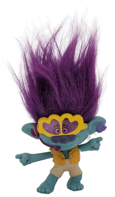 McDonald's Happy Meal Toy 2020 Trolls World Tour #3 Party Branch (Loose), teal Branch figure with tall purple hair, yellow heart-shaped glasses, and arms outstretched on a white background.