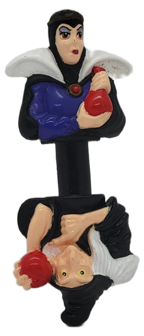 McDonald's Happy Meal Toy 1992 Snow White and the Seven Dwarfs The Evil Queen (No Dress), vintage figure showing the Evil Queen in a purple and black outfit holding a red apple above an upside-down dwarf figure, on a white background.