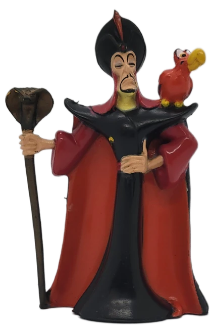 Vintage 1992 Mattel Disney Aladdin Jafar PVC figurine holding a cobra staff with Iago perched on his shoulder