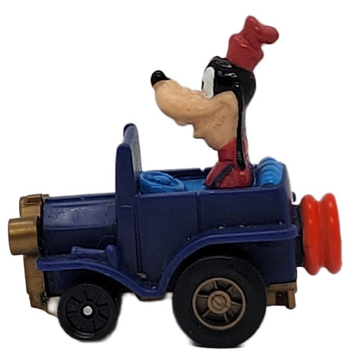 McDonald's Happy Meal Toy 1988 Mickey's Birthdayland Goofy’s Sport-Coup (Jalopy) (Loose), vintage blue toy jalopy with a seated Goofy figure, shown in side profile against a white background.