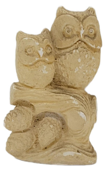Draben's Toyland Resin Owl Pair Figurine on Branch with Acorns – 2.25" Tall, beige resin figurine featuring two owls perched together on a textured branch with acorns