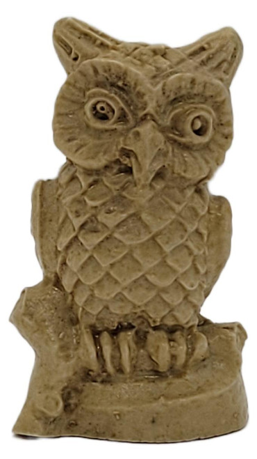 Draben's Toyland Miniature Tan Resin Owl Figurine on Branch – 2" Tall, close-up of a small tan resin owl with detailed feathers perched on a branch