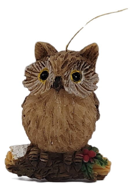 Miniature brown resin owl Christmas ornament on log with flowers