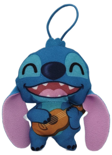 McDonald's Happy Meal Toy 2022 Disney Stitch #5 Ukulele Stitch (Loose), blue Stitch plush toy smiling while holding a brown ukulele, with pink ears and a hanging loop, shown against a white background.