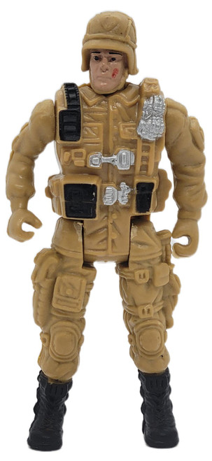 Draben's Toyland Desert Army KO Bootleg Tan Military Soldier 3.75-inch Action Figure Made in China, front view of a tan plastic soldier wearing a helmet, detailed military uniform with black and silver gear, knee pads, and black boots against a white background.