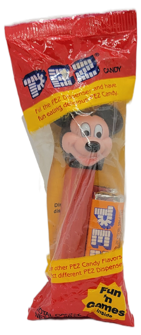 Vintage Disney Mickey Mouse PEZ dispenser with red footed stem in original red and yellow packaging