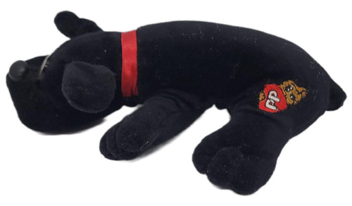 TONKA Vintage 1986 Tonka Pound Puppies Newborn Black Plush Dog 7.5" Made in Korea, black plush puppy lying on its belly with a red collar and embroidered Pound Puppies logo on its side, shown against a white background