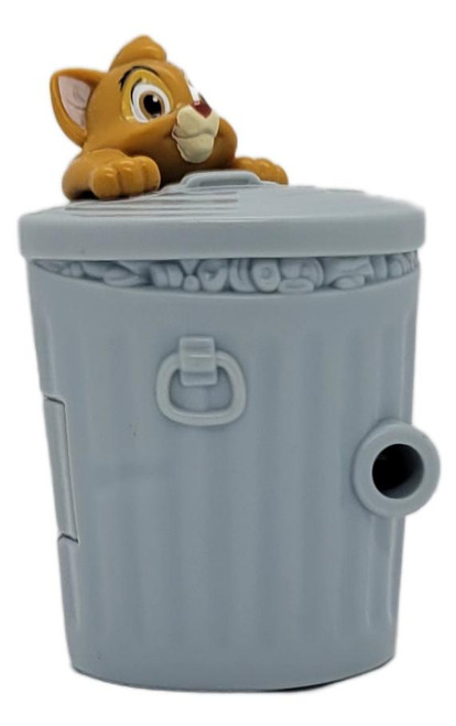 Burger King 1996 Burger King Kids’ Club Disney Oliver & Company Oliver Trash Can Viewer Toy, gray trash can-shaped viewer with a small Oliver cat figure peeking over the lid and a round viewing port on the side.
