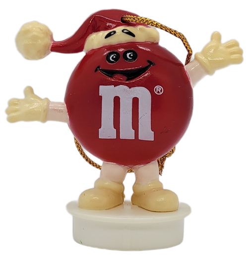 Front view of 1988 Red M&M Christmas ornament wearing a Santa hat