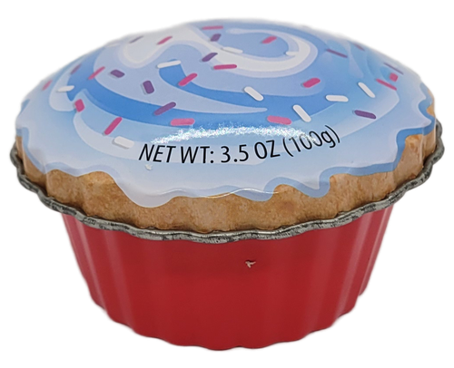 Empty Accoutrements Cupcake Jelly Beans tin with blue frosting lid and red base