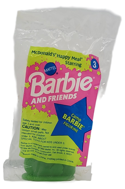 McDonald's Happy Meal toy of #3 Camp Barbie from the 1994 Barbie and Friends and World of Hot Wheels series of toys. Camp Barbie is wearing pink jacket and shoes with blue shorts and white shirt.