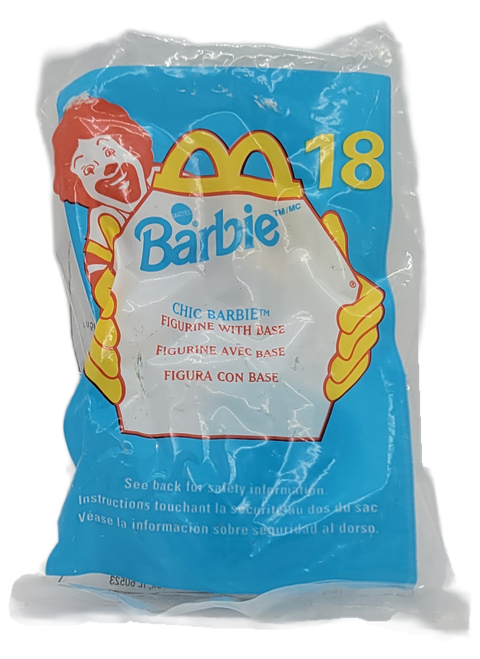 McDonald's Happy Meal toy of Chic Barbie from the 1999/2000 "Once in a Lifetime" Barbie/Hot Wheels series. The Barbie is wearing blue skirt and black with stripes top.