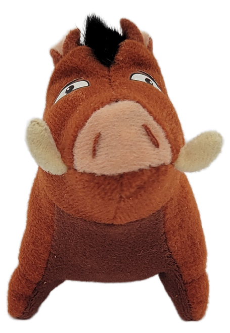 Front view of 1998 McDonald’s Pumbaa plush with pink snout and cream tusks