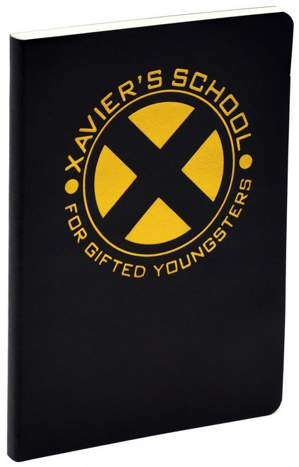 Funko Marvel X-men Xavier's School Notebook, black notebook with yellow X-men logo and text.