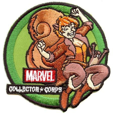 Funko Marvel Collector Corps Squirrel Girl Patch, embroidered patch featuring Squirrel Girl cartoon character with a squirrel on her shoulder, Marvel logo, and Collector Corps branding.