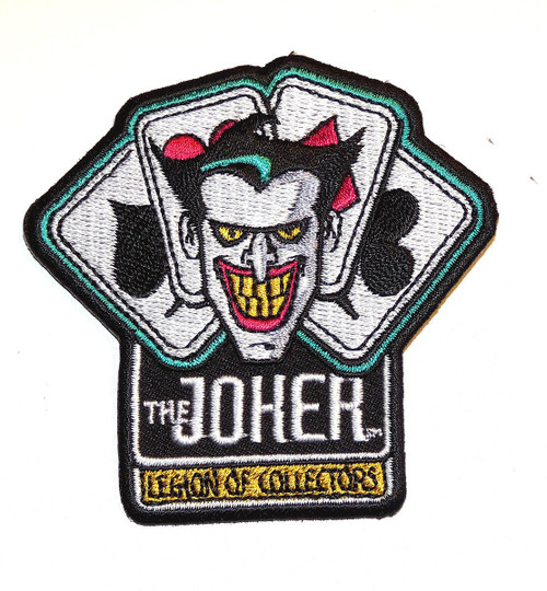 Funko DC Comics Legion of Collectors The Joker Patch, embroidered patch featuring The Joker's face with a sinister smile, surrounded by playing card elements and the text 'The Joker'.