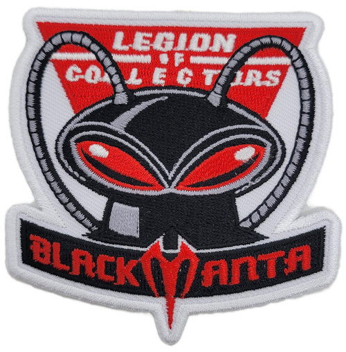 Funko DC Comics Legion of Collectors Black Manta Patch, embroidered patch featuring Black Manta's helmet and face with red eyes, and text 'LEGION OF COLLECTORS' and 'BLACK MANTA' in black and red.