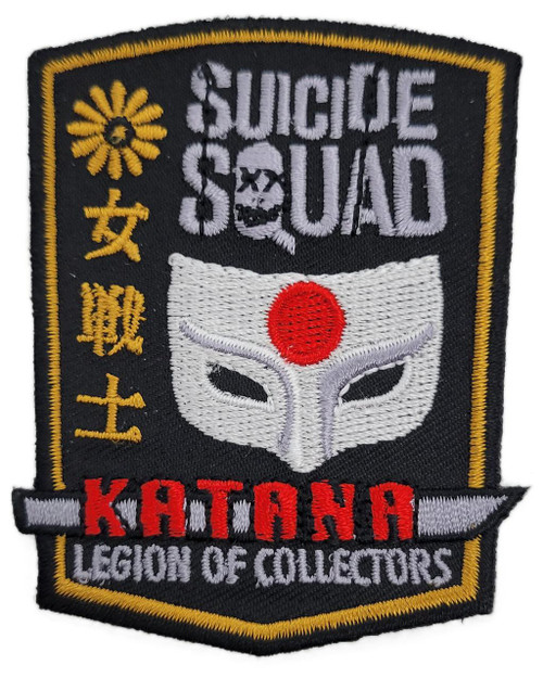 Funko DC Comics Legion of Collectors Katana Patch, embroidered badge featuring a white mask with a red circle on the forehead, Japanese characters, and the text 'SUICIDE SQUAD' in white, with a yellow border.