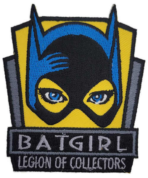 Funko DC Comics Legion of Collectors Batgirl Patch, embroidered patch featuring Batgirl's face with a yellow and black mask, blue hair, and blue eyes, with text 'BATGIRL' and 'LEGION OF COLLECTORS' at the bottom.