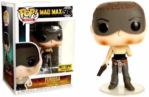 Funko Pop! Movies Mad Max Fury Road Furiosa #508 vinyl figure, missing arm, standing next to its box.
