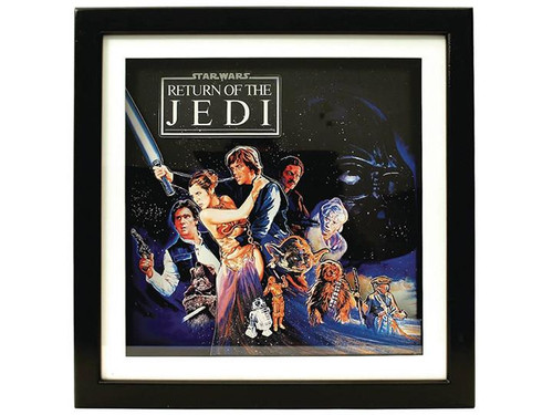 Star Wars Silver Buffalo Star Wars Return of the Jedi Shadow Box, framed artwork with characters from the movie and a dark background featuring a prominent Darth Vader mask