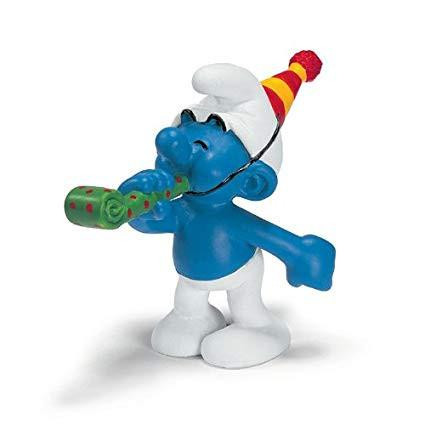Smurfs Schleich Party Smurf Figure, colorful blue Smurf toy wearing a white chef's hat and holding a green party horn.