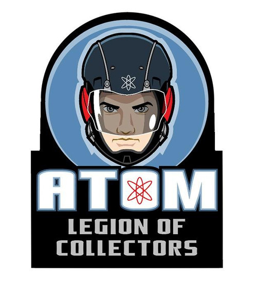 DC Comics Funko Pin - DC Comics Legion of Collectors Atom Pin, detailed illustration of Atom wearing a helmet with a serious expression, featuring the logo and text.