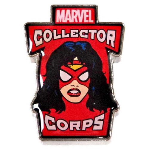 Funko pinback of Spider-Woman from the Marvel Collector Corps. The pin features Spider-Woman's head on a red background.