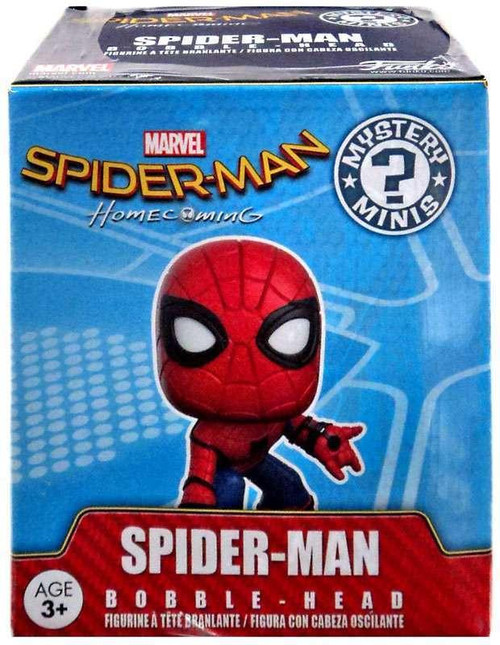 Marvel Funko Mystery Minis Marvel Collector Corps Spider-man Bobble-Head Toy Figure, stylized cartoon Spider-Man in red and blue costume pointing outward on packaging box.