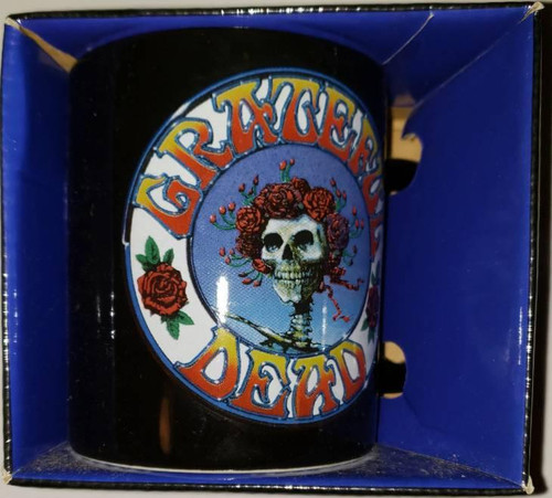 Grateful Dead Vandor 12-Ounce Ceramic Mug, Black, featuring a skull with flowers and the band name in vibrant colors.