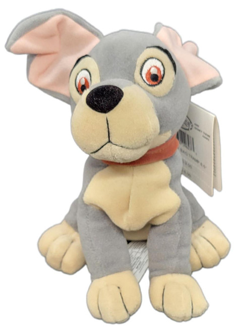 Disney Store Exclusive Lady & the Tramp Mini Bean Bag Tramp 6.5", plush toy of a grey and cream-colored dog with large ears, a black nose, and embroidered eyes.