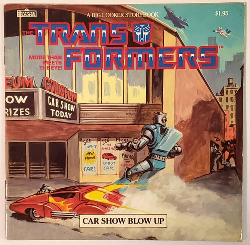 Transformers Car Show Blow Up by Marvel Books, vintage science fiction cover featuring a robot and a red car in front of a city street scene.
