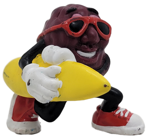 The California Raisins were advertising characters from the 1980's. This raisin PVC figure feature a Raisin holding a yellow surf board. The California Raisins were advertising characters from the 1980's. This raisin PVC figure feature a Raisin holding a yellow surf board.