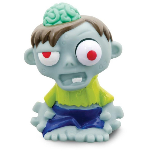 Schylling I POP Zombies - Grey Zombie/ Green Brain Squeeze Novelty Toy, a zombie figurine with a brain and a humorous, exaggerated expression.