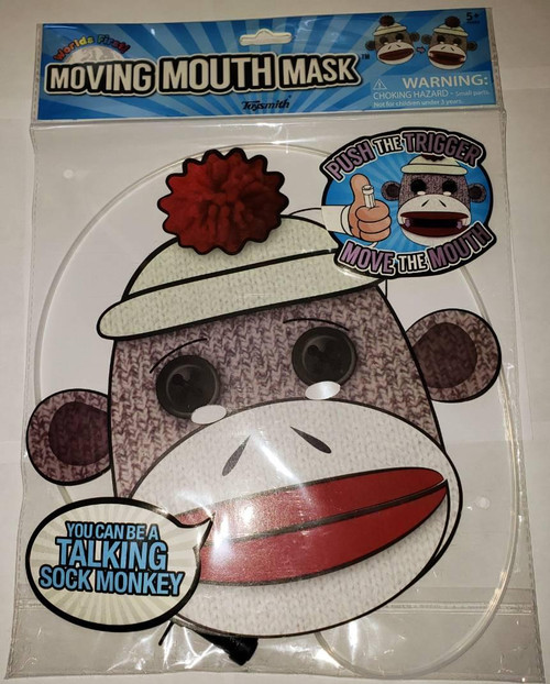 Sock Monkey Talking Sock Monkey Moving Mouth Mask, plush sock monkey mask with buttons for eyes and a mouth that moves when triggered, featuring a red pom-pom hat and instructional label.