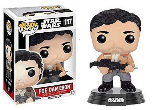 Funko Pop! Star Wars Poe Dameron #117 with Jacket Exclusive, stylized vinyl figure of Poe Dameron from Star Wars with a jacket, holding a blaster, standing on a black base.