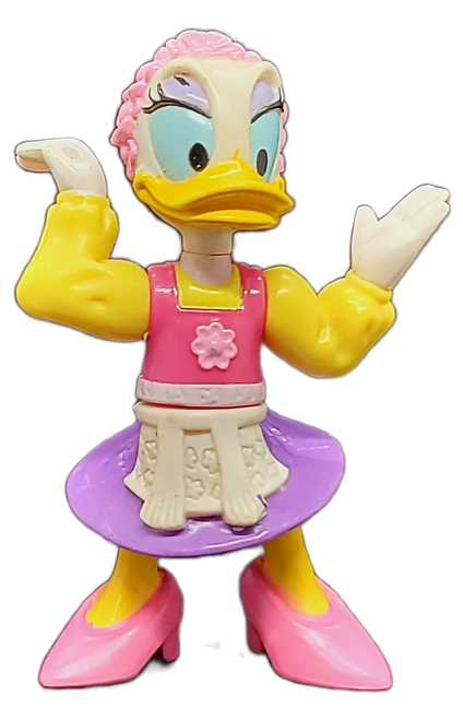 McDonald's Happy Meal toy of Daisy Duck dressed in German theme attire for the Mickey and Friends Epcot '94 Adventure At Walt Disney World Series of toys. Daisy Duck is wearing yellow shirt with pink top and purple skirt. The series contains 8 different Disney characters dressed in customary clothing representing 8 different countries. The series was available July 8-August 4, 1994.