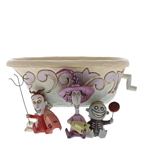 Disney Traditions Enesco Disney Traditions Lock, Shock, & Barrel Candy Dish, Multicolor, featuring characters Lock, Shock, and Barrel from The Nightmare Before Christmas around a whimsical and colorful candy dish design.