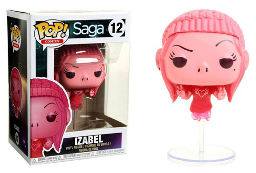 Funko Pop! Comics Saga Izabel #12, pink vinyl figure of a girl with large black eyes, pink hair, and a pink outfit, standing on a clear display stand.