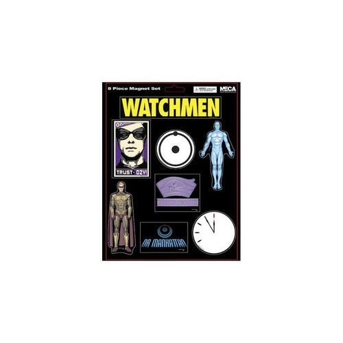 NECA Watchmen Movie Set of 8 Magnets, a collection of cast-themed magnets including Rorschach, Doctor Manhattan, Rorschach's face, and related symbols.