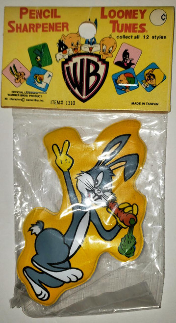 Warner Bros. Looney Tunes Pencil Sharpener - Bugs Bunny, a cartoon rabbit holding a carrot, designed as a colorful sticker packaging.