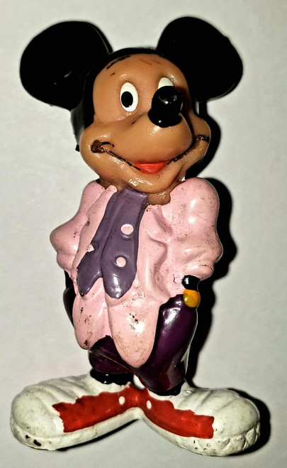 Disney Vintage Mickey Mouse Wearing Pink Jacket PVC Toy Figure, vintage Mickey Mouse PVC collectible toy with pink jacket and red shoes.
