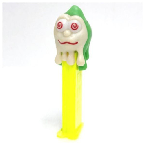 PEZ - Halloween Ghost Slimy Sid Retired Dispenser, plastic ghost character with red swirled eyes on a yellow PEZ dispenser